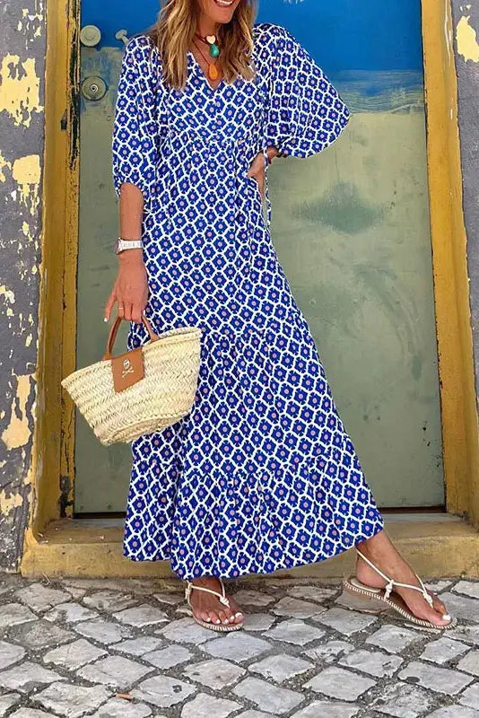 Boho V-Neck Print Lantern Sleeve Maxi Dress