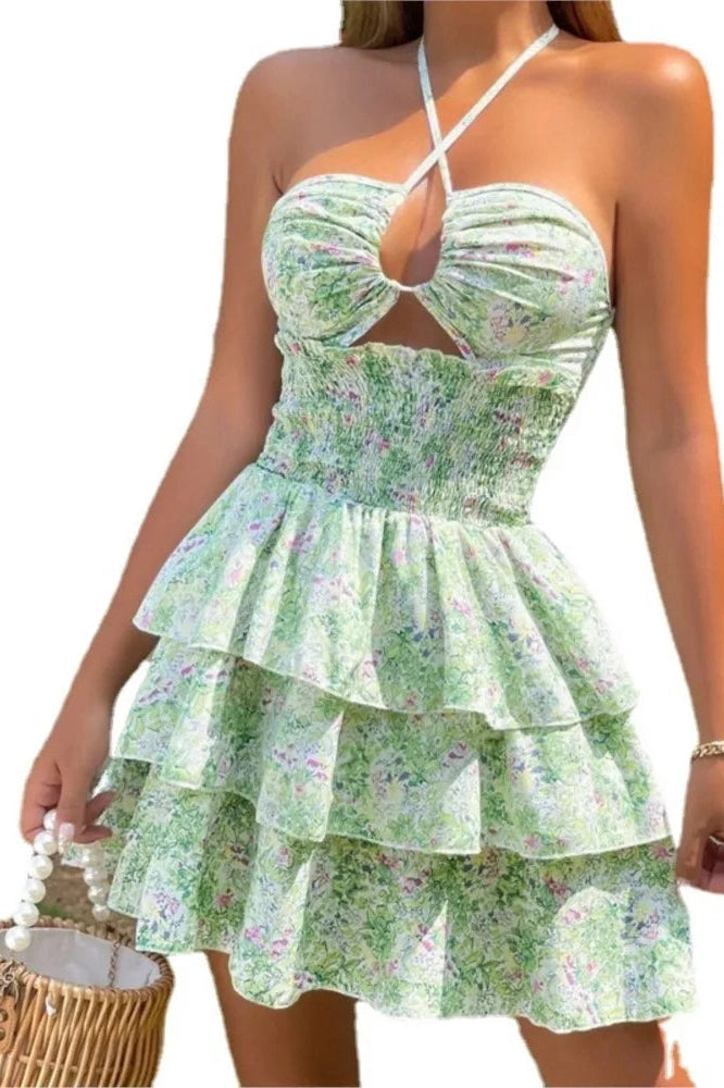 Floral Print Hollow-Out Mini Dress