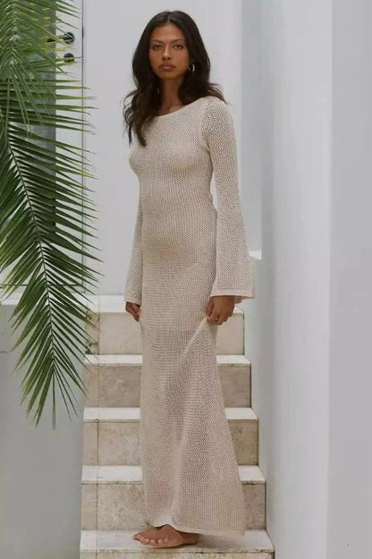 Elegant Long Sleeve See-Through Maxi Dress