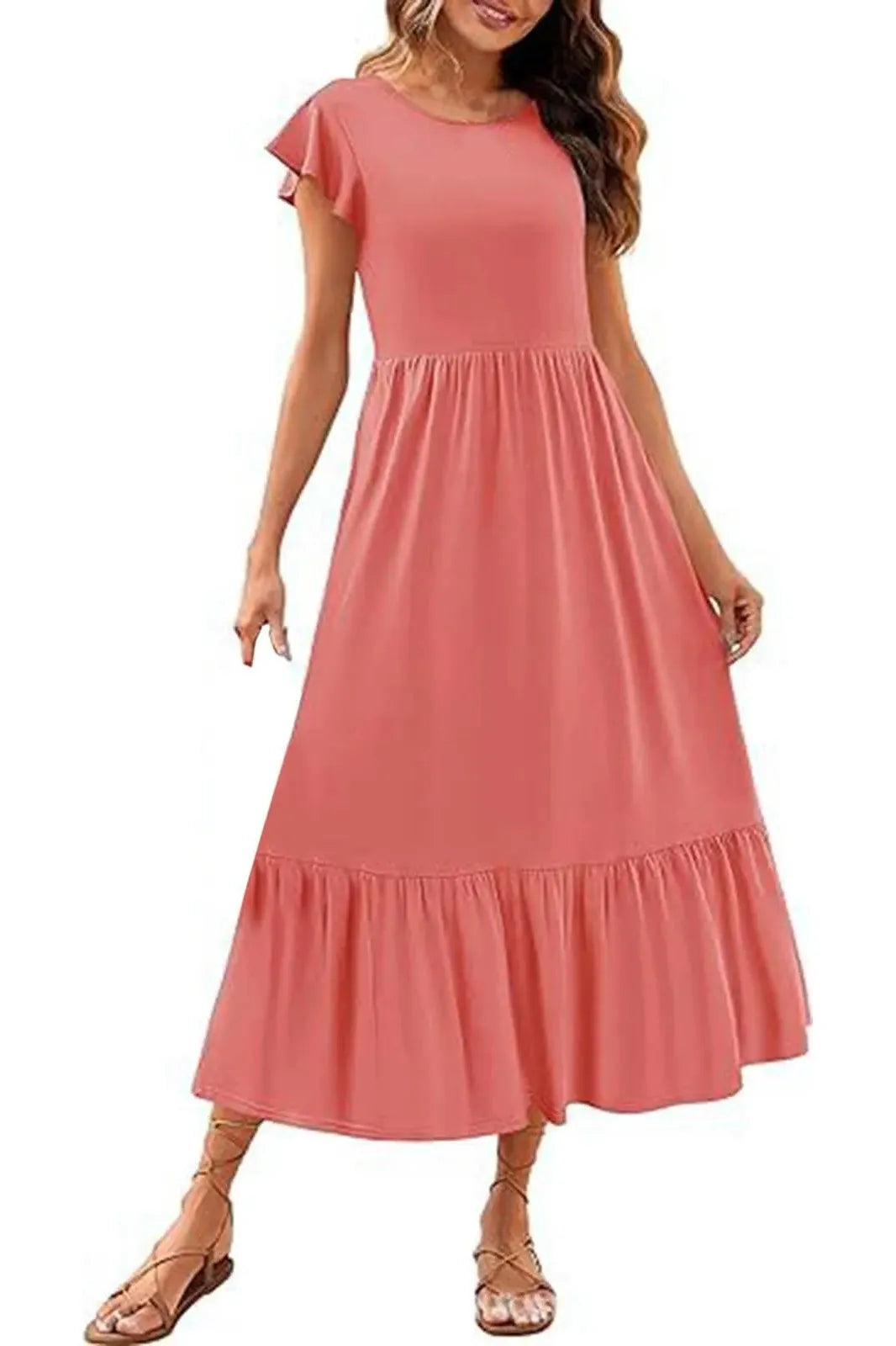 Round Neck Pleated Maxi Dress