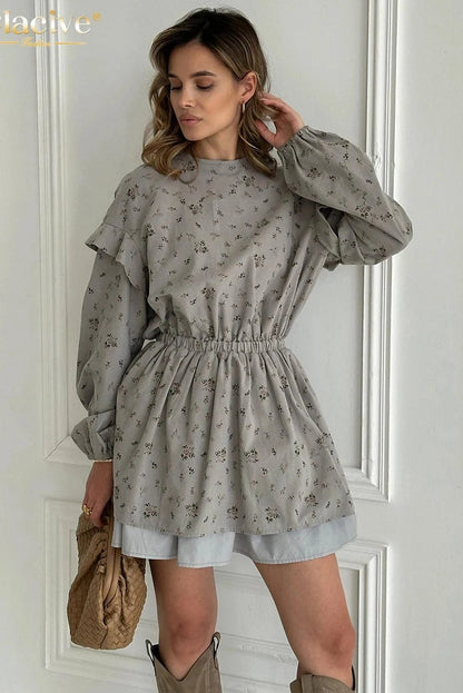 Print O-Neck Long Sleeve Mini Dress