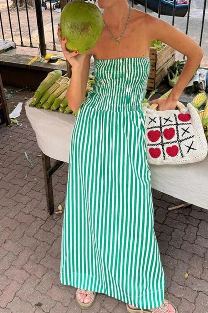 Elegant Striped Strapless Maxi Dress