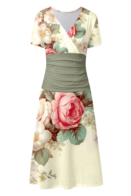 Floral Print V-Neck Short Sleeve Midi Dress