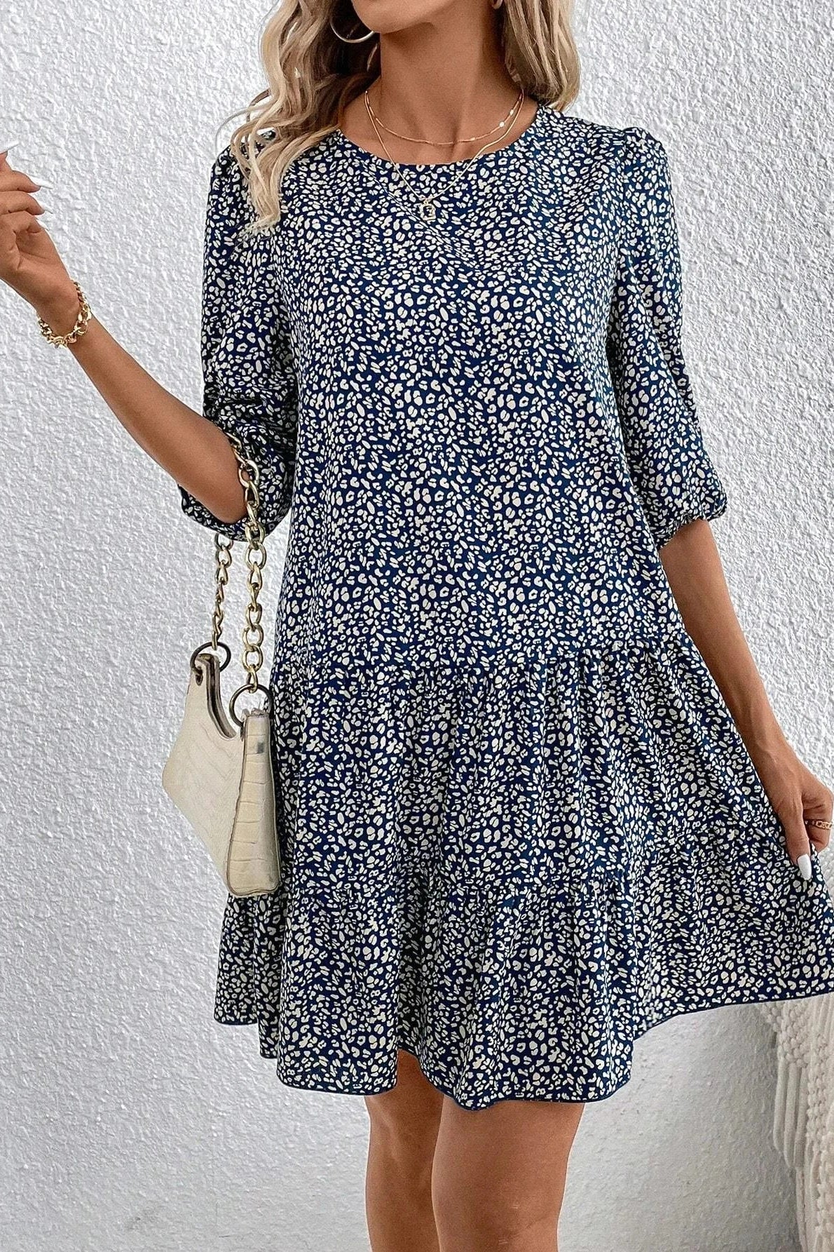 Floral Print Half Sleeves Loose Mini Dress