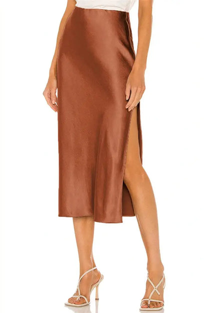 High Waist Satin Patchwork Midi Skirt