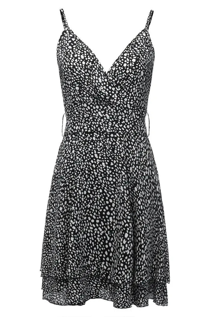 Deep V-Neck Dot Print Mini Dress