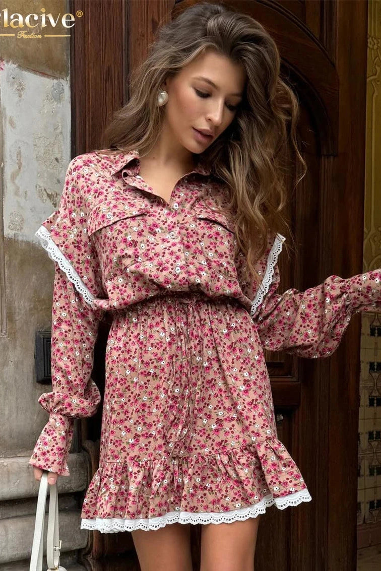 Elegant Print Long Sleeve Mini Dress