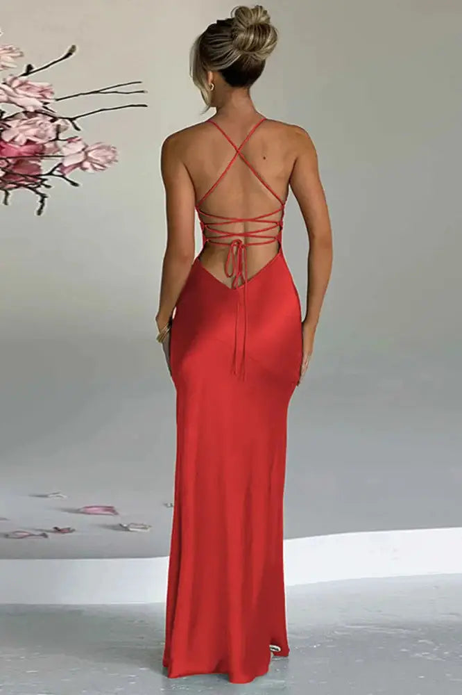 Trendy Spaghetti Strap Thigh-High Split Backless Maxi Dress