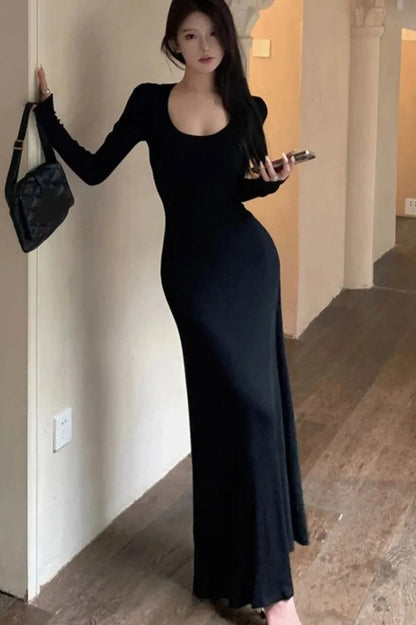 U-Neck Long Sleeve Maxi Dress