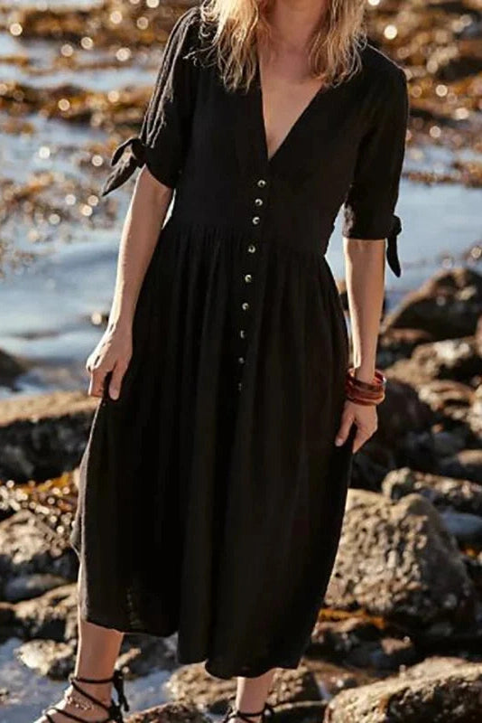 Elegant Deep V-Neck Half Sleeve Midi Dress