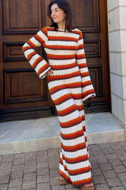 Elegant Long Sleeve Striped Maxi Dress