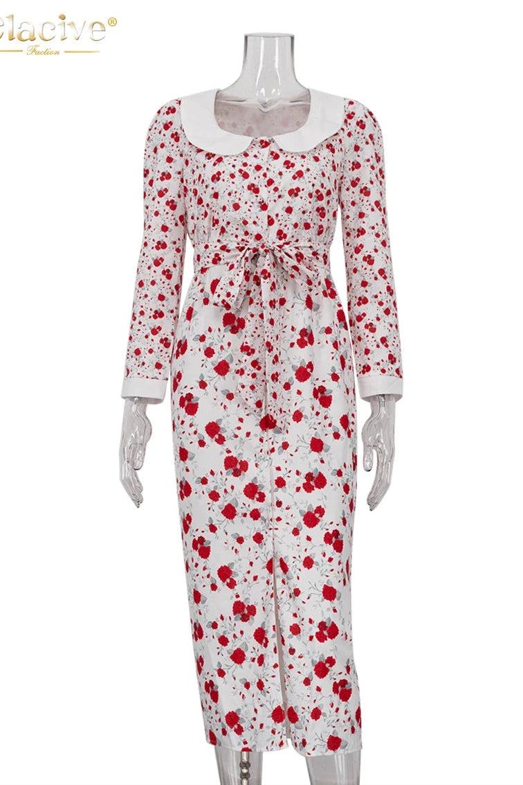 Elegant Print Long Sleeve Midi Dress