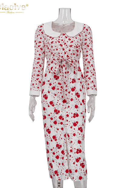 Elegant Print Long Sleeve Midi Dress