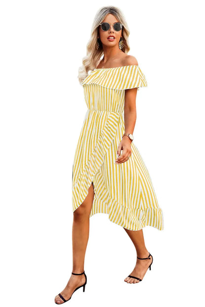 Off-Shoulder Stripe Printed Midi Dress