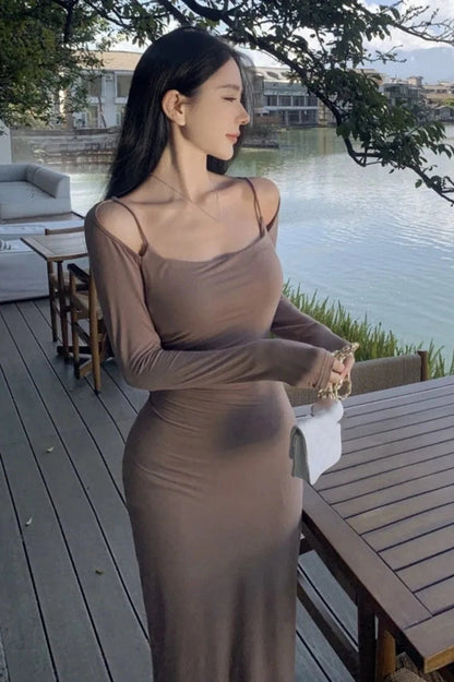 Hollow Out Long Sleeve Midi Dress