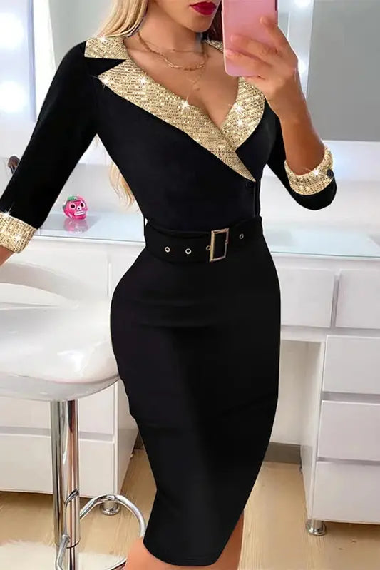 Sequins Glitter V-Neck Slim Fit Midi Dress