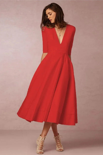 Elegant Deep V-Neck Midi Dress