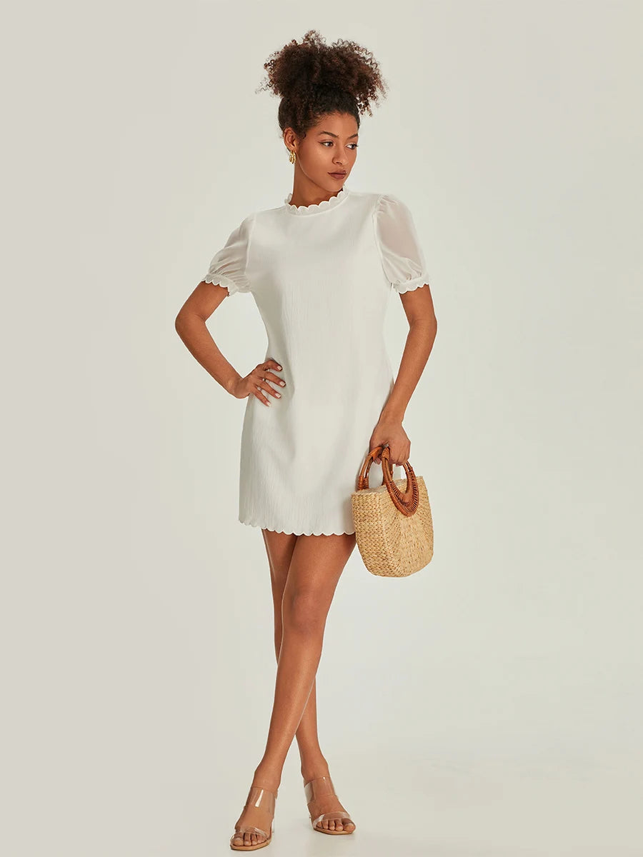 Elegant White Summer Short Dress for Office Ladies Crewneck Ruffle Hem Puff Sleeve Mini Dresses