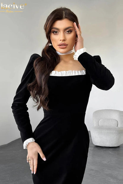 Square Collar Long Sleeve Midi Dress