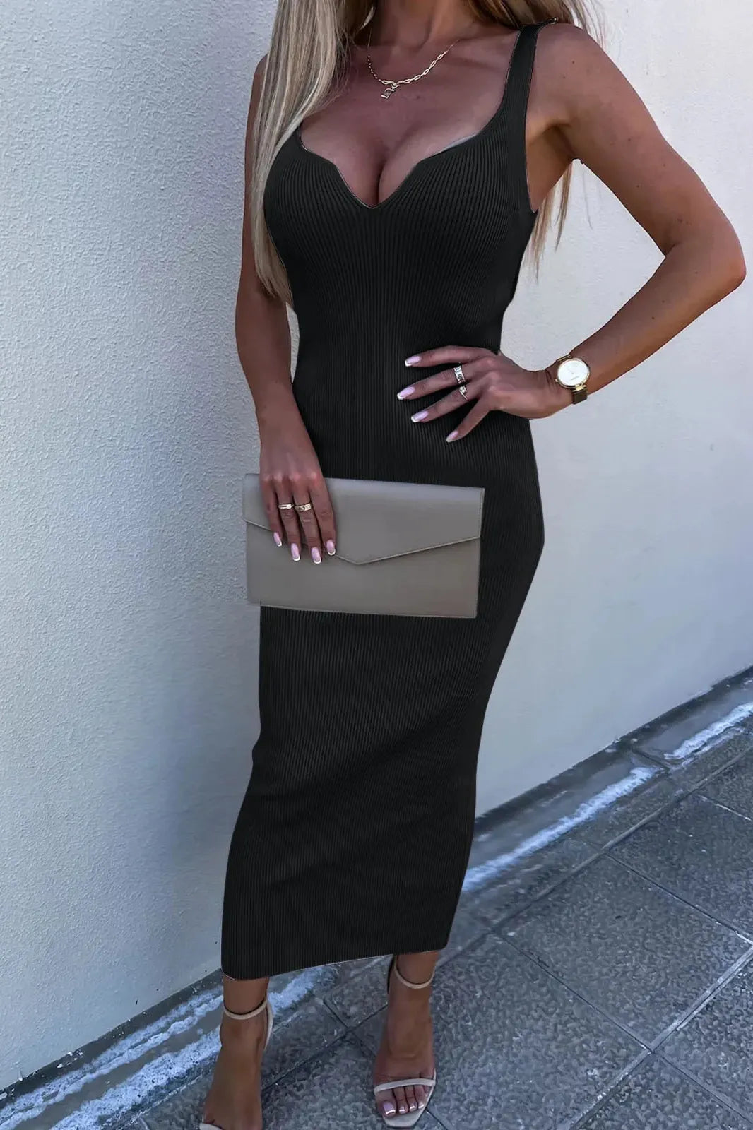 Sleeveless V-Neck Hip Packed Midi Dress