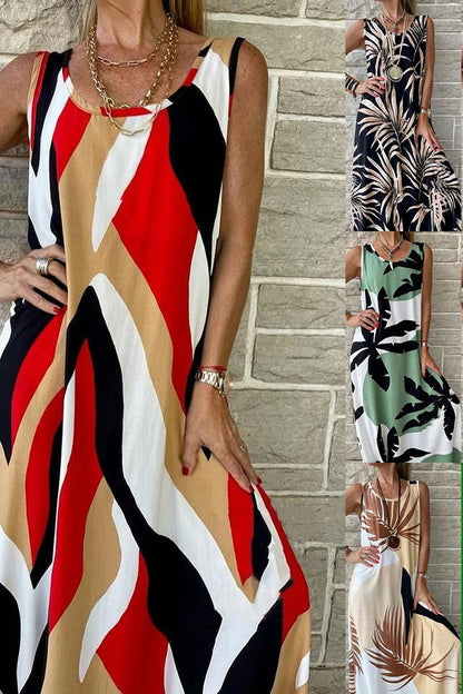 Elegant O-Neck Sleeveless Printed Maxi Dress