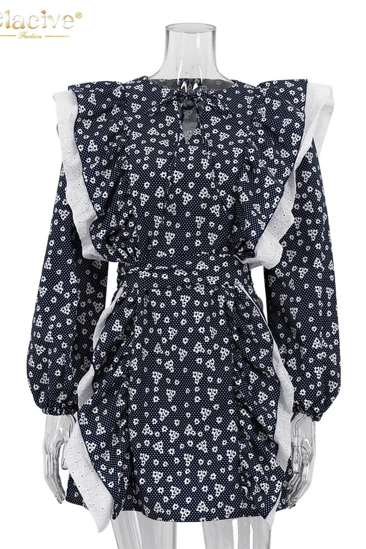 Print V-Neck Long Sleeve Mini Dress