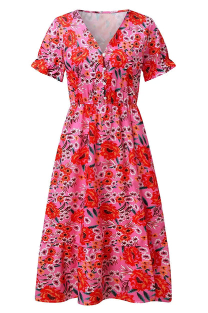 Button V-Neck Floral Print Maxi Dress