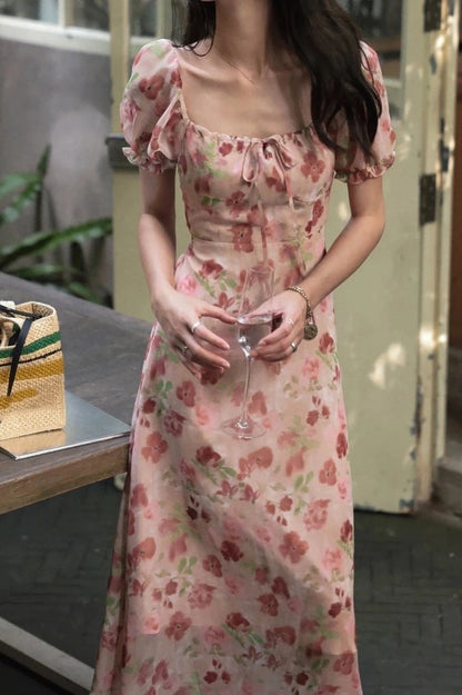 Floral Printed Square Collar Maxi Dress