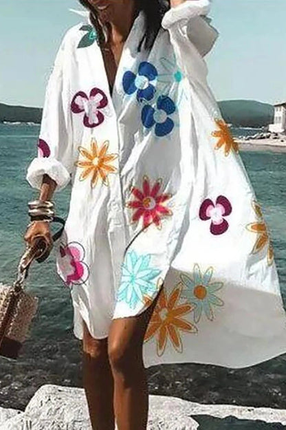 Elegant Floral Printed Long Sleeve Midi Dress