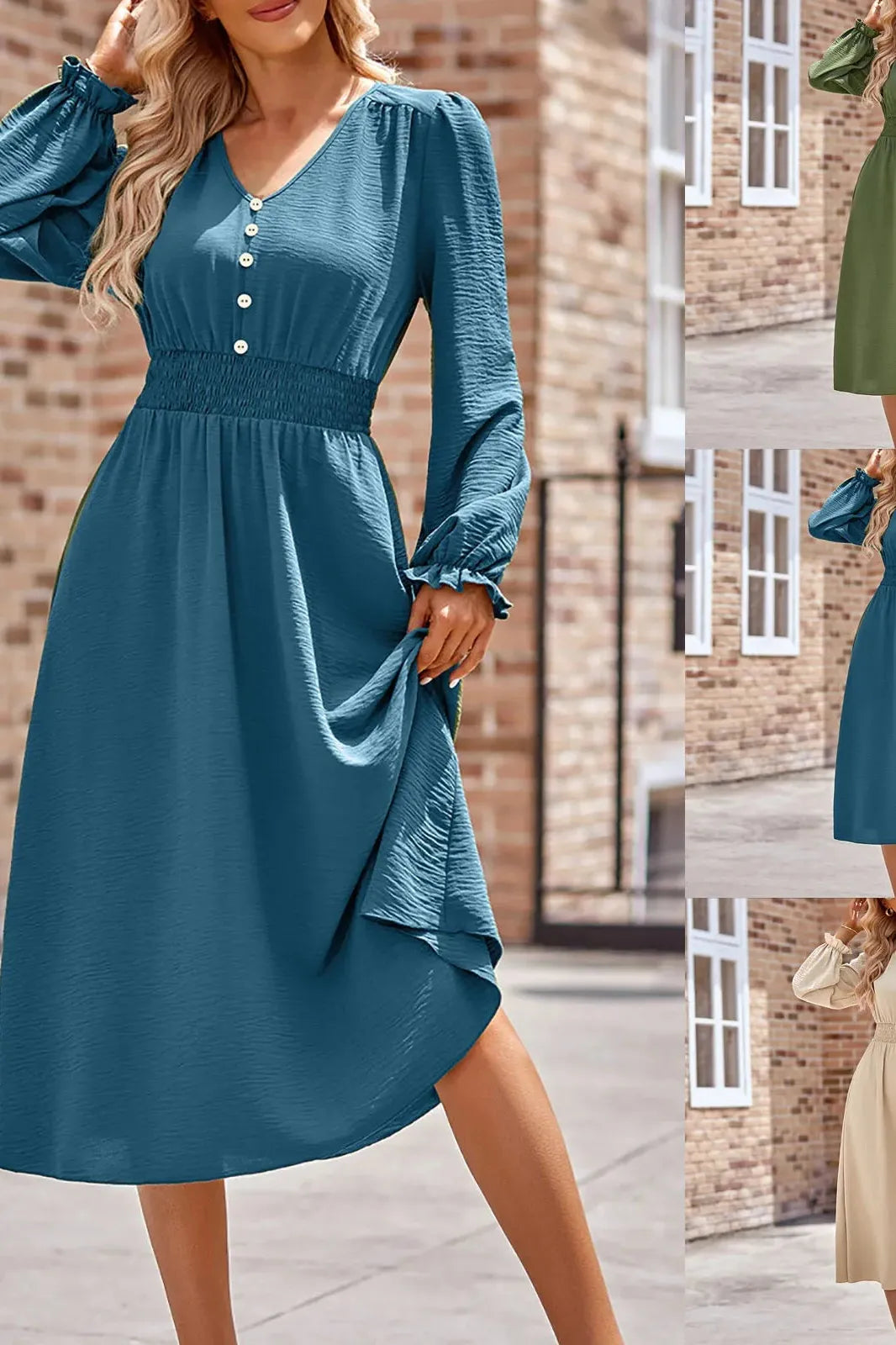 Long Sleeve V Neck Button Midi Dress