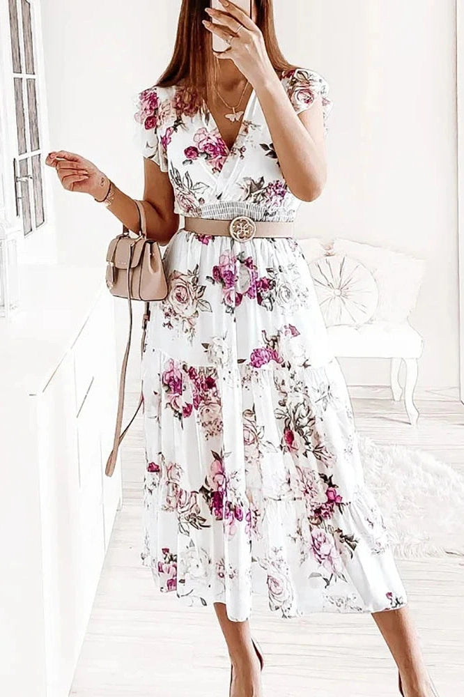 Printed V-Neck Short Sleeve Midi Dress