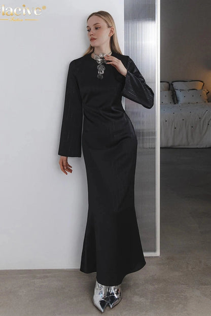 Elegant O-Neck Long Sleeve Maxi Dress