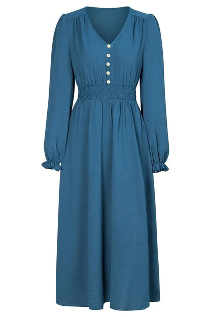 Long Sleeve V Neck Button Midi Dress