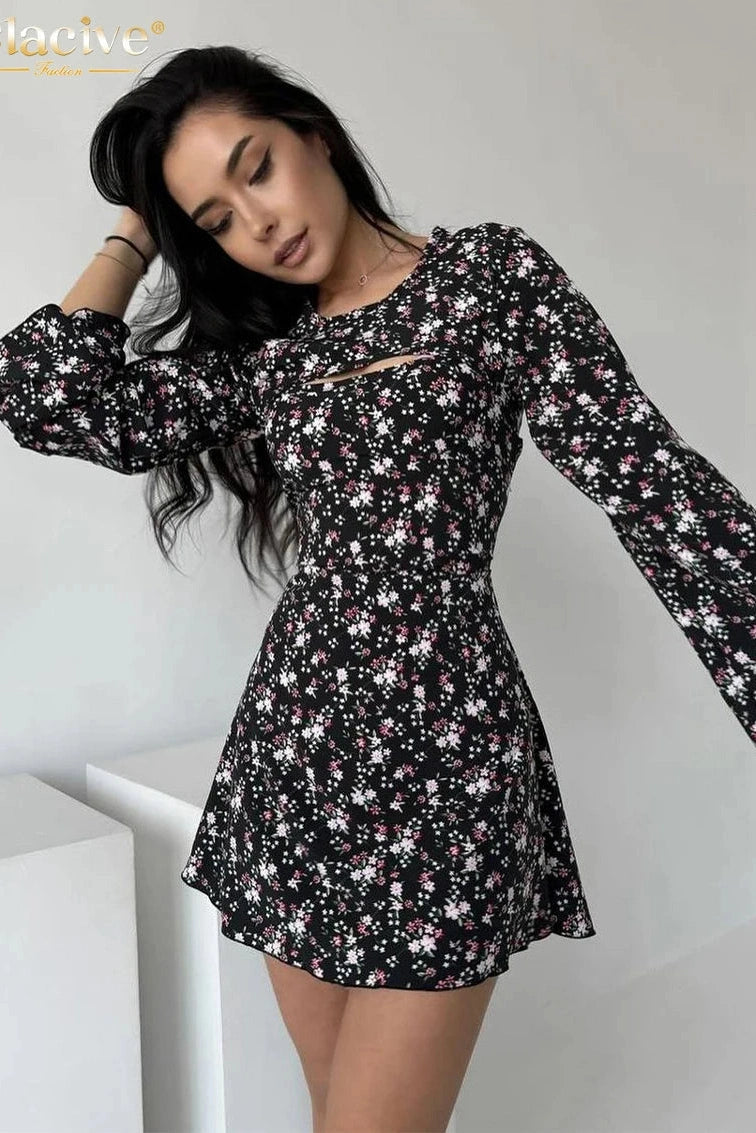 O-Neck Long Sleeve Mini Dress