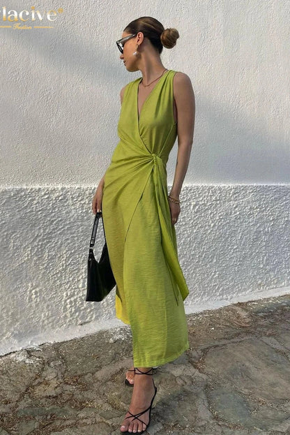 V-Neck Sleeveless Midi Dress