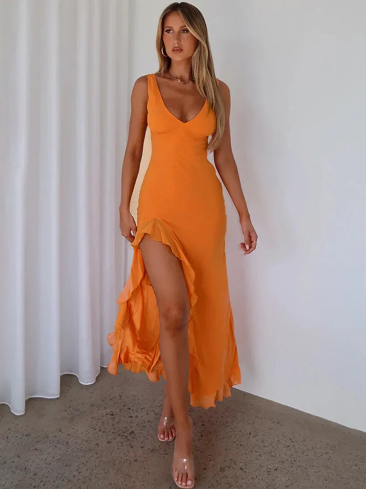 Elegant Sleeveless Ruffles Deep V-Neck Maxi Dress