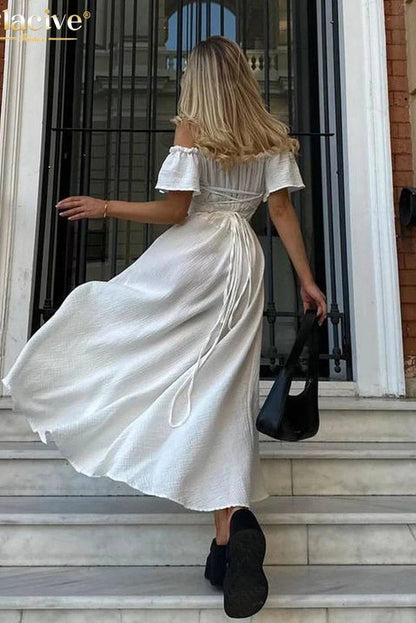 Elegant V-Neck Short Sleeve Maxi Dress