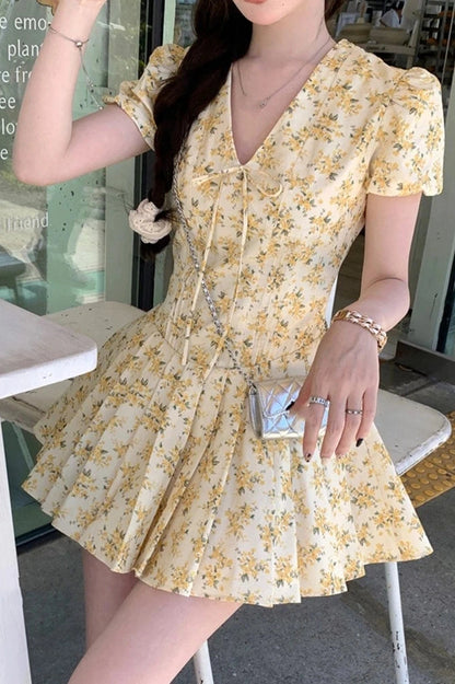 Floral Pleated V-Neck Mini Dress