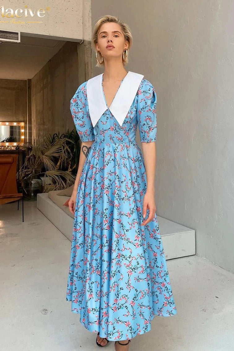 Elegant Print Short Sleeve Maxi Dress