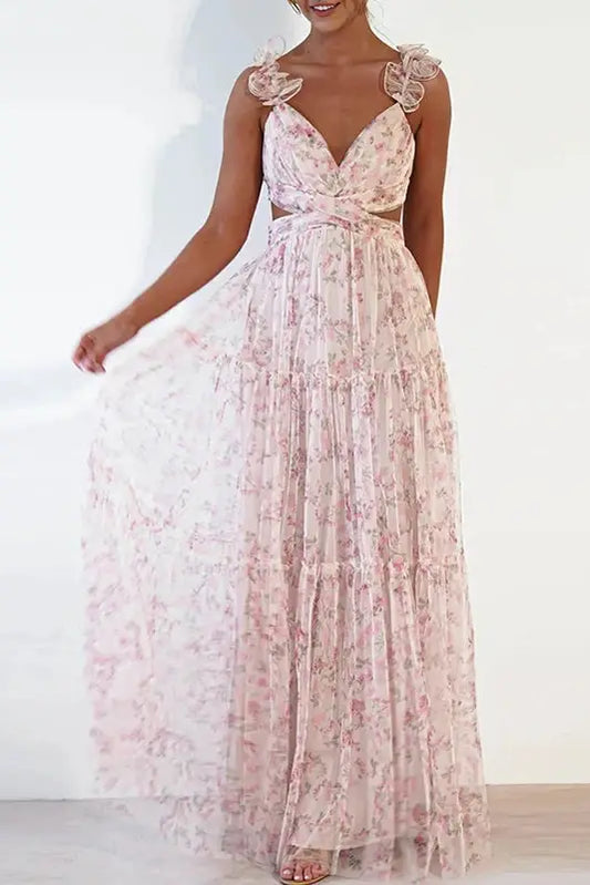 Summer Floral Print Deep V Neck Chiffon Maxi Dress