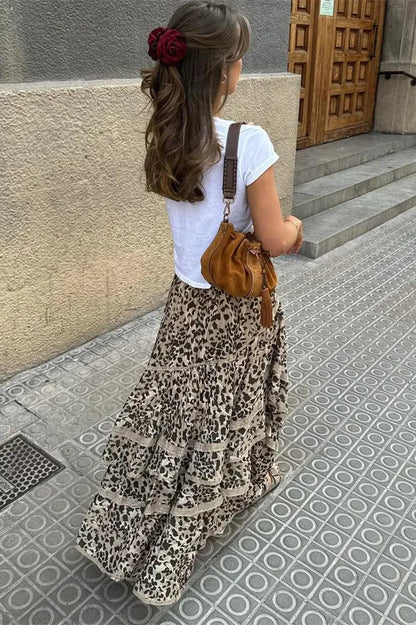 Leopard Printed Ruffled Patchwork Maxi Skirt