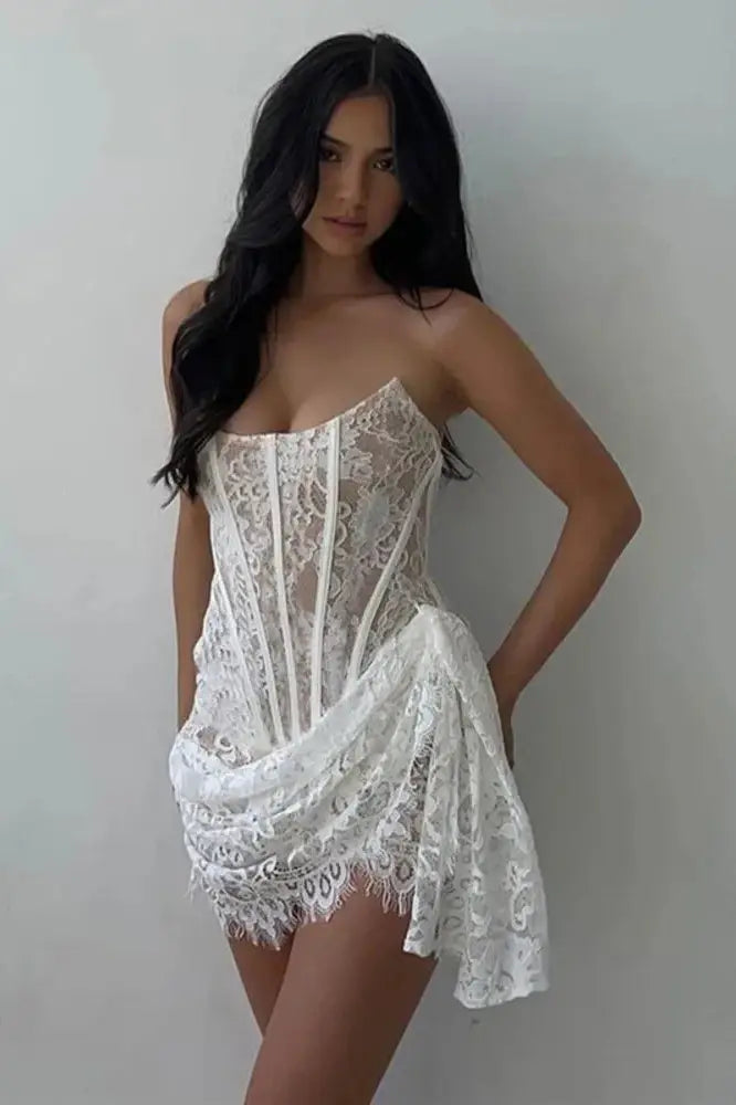 Chic Off-Shoulder Lace Strapless Ruched Mini Dress