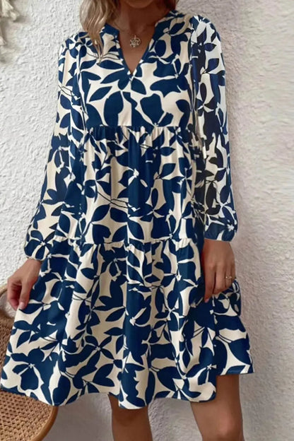 Elegant Leaf Print Long Sleeve Midi Dress