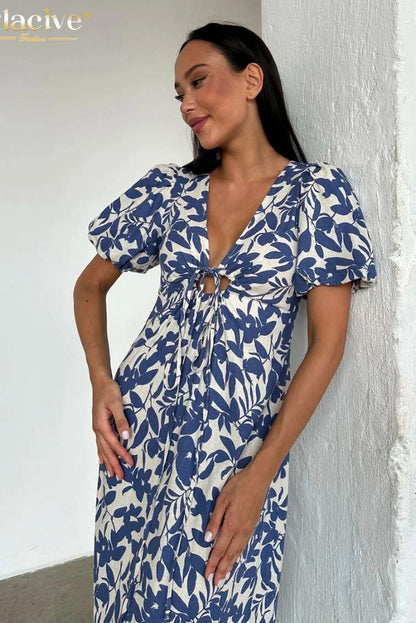 V-Neck Short Sleeve Midi Dress