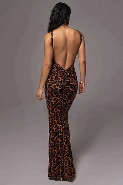 Leopard Print Sleeveless Hollow Out Maxi Dress