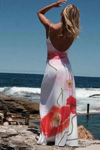 Backless Printed Spaghetti Strap Maxi Dress