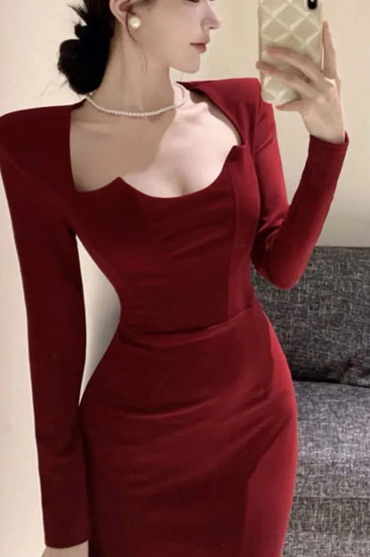 Long Sleeve Wrap Hip Midi Dress