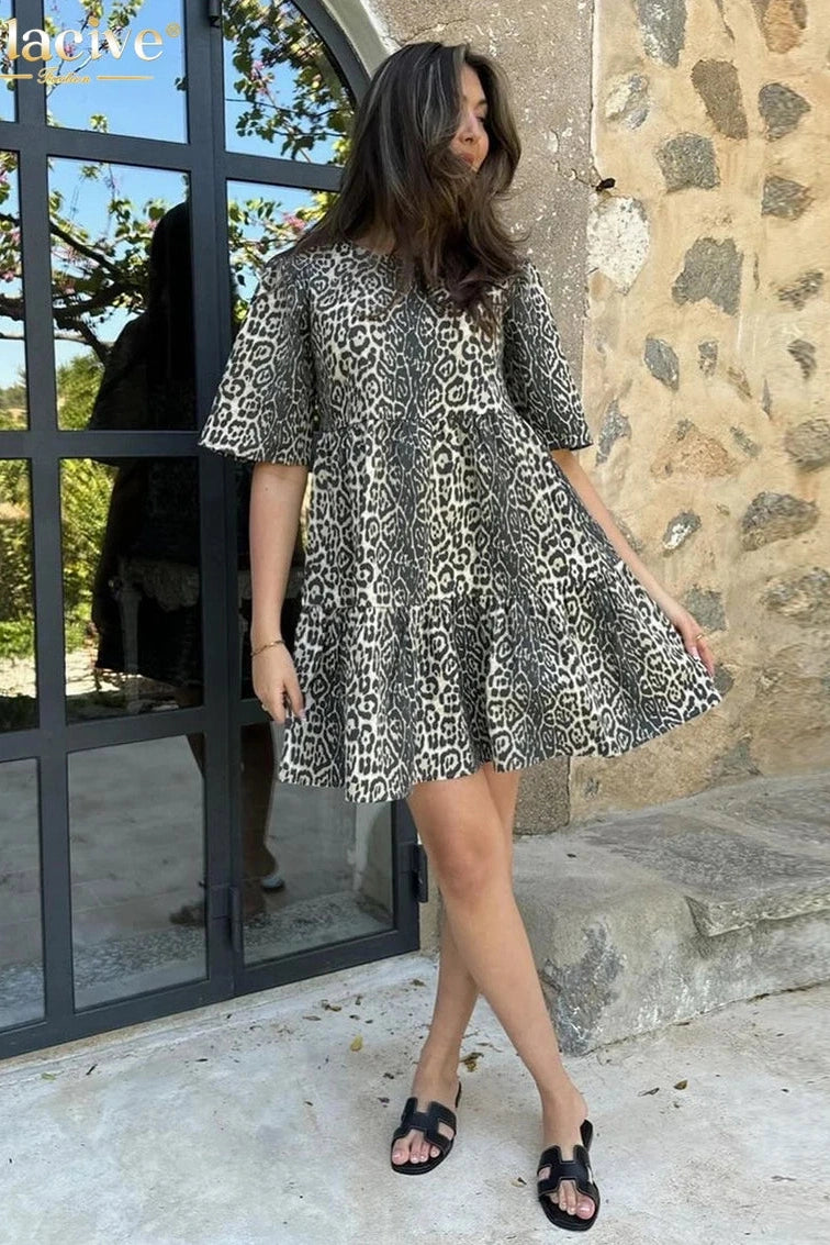 Print O-Neck Short Sleeve Mini Dress