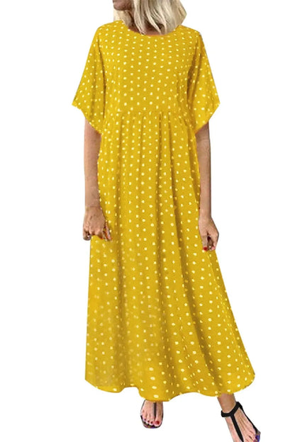 Short Sleeve Pleated Dot Maxi Dress