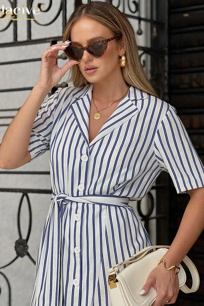 Stripe Print Short Sleeve Midi Dress